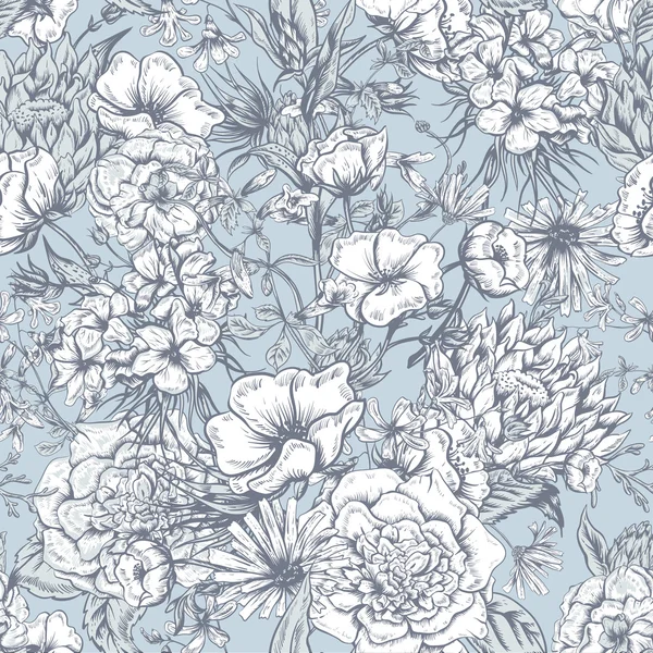 Modèle floral monochrome sans couture d'été rétro, bouquet de souhaits vintage — Image vectorielle