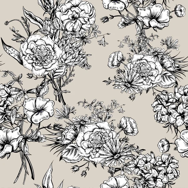 Patrón floral monocromático inconsútil del verano retro, ramo de saludo vintage — Vector de stock