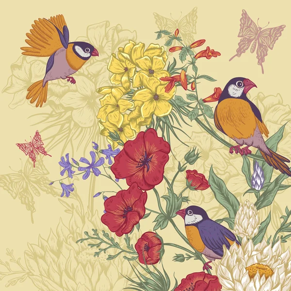 Tarjeta de felicitación floral vintage con pájaros y mariposas — Vector de stock