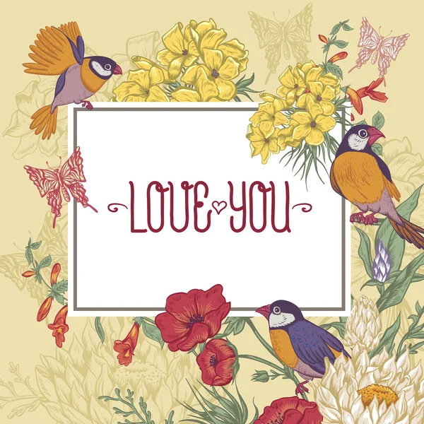 Tarjeta de felicitación floral vintage con pájaros y mariposas — Vector de stock