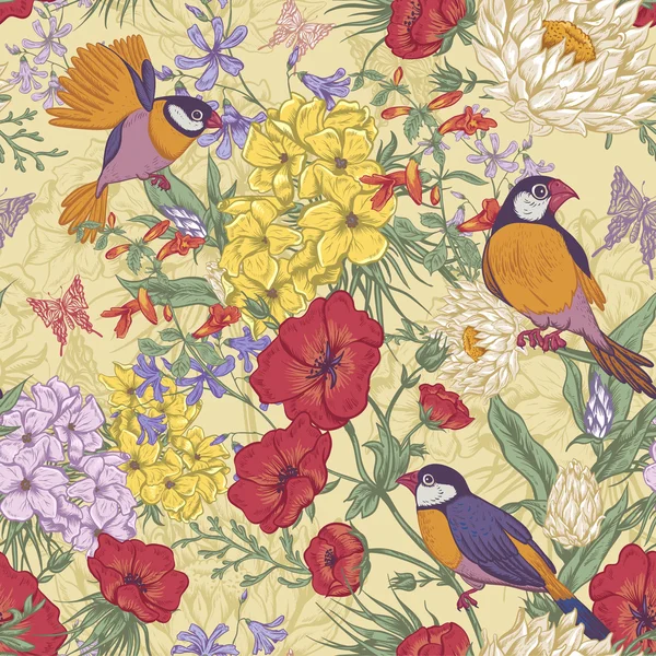 Modèle floral sans couture d'été rétro avec oiseaux et papillons — Image vectorielle