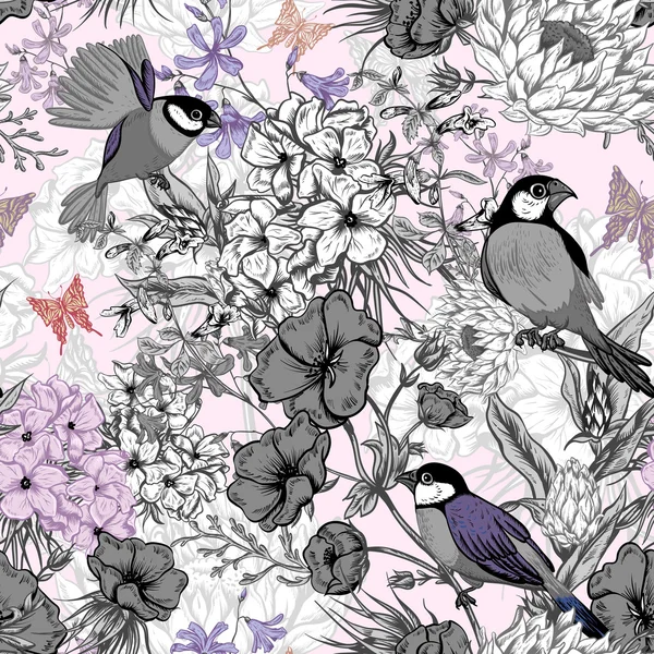 Retro Summer Seamless Monochrome Floral Pattern with Birds and Butterflies — Stock Vector