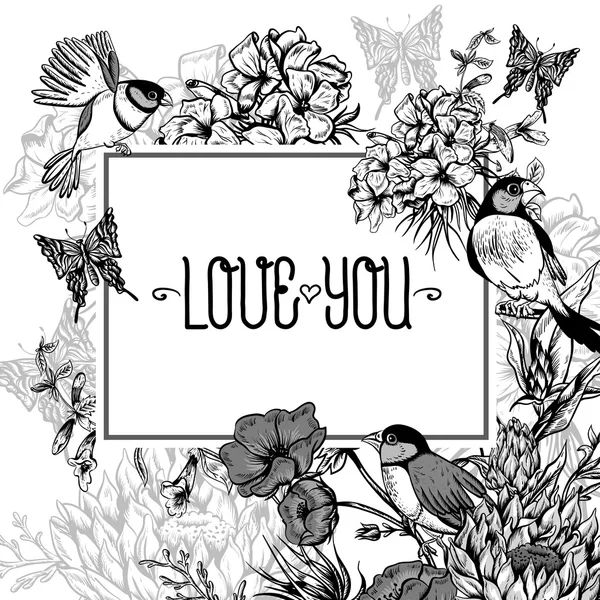 Vintage Monochrome Floral Greeting Card with Birds and Butterflies — Stock Vector