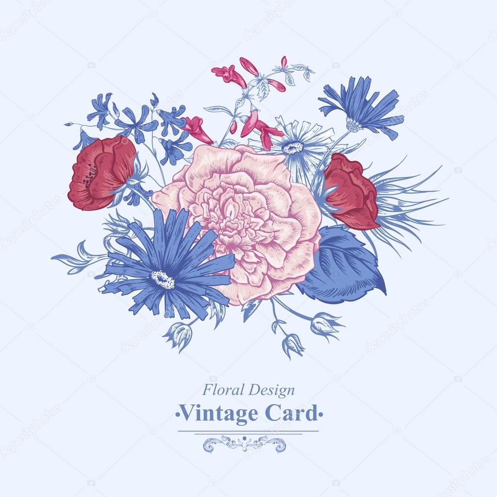 Gentle Retro Summer Floral Greeting Card, Vintage Bouquet, Vector illustration