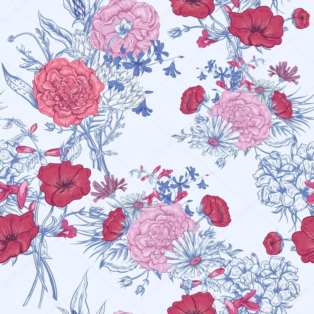 Gentle Retro Summer Seamless Floral Pattern, Vintage Greeting Bouquet, Vector illustration