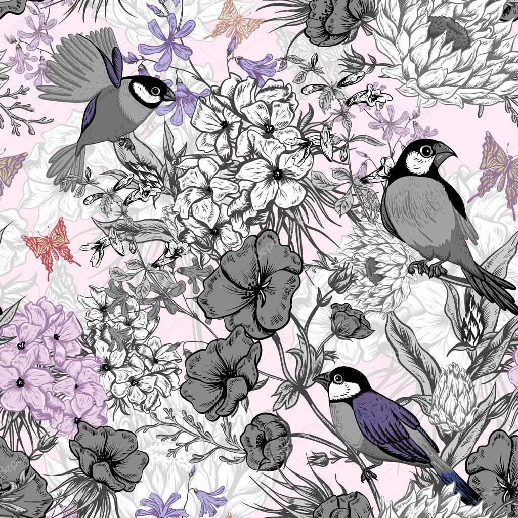 Retro Summer Seamless Monochrome Floral Pattern with Birds and Butterflies