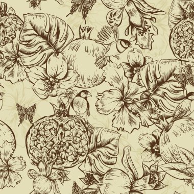 Vintage tek renkli kesintisiz arka plan, tropikal meyve, çiçek, kelebek ve kuş