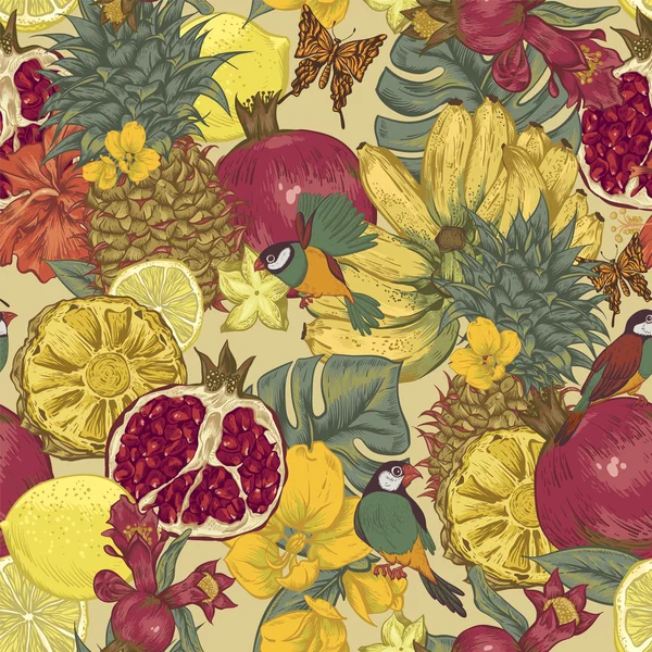 Vintage nahtlosen Hintergrund, tropische Früchte, Blumen, Schmetterling und Vögel — Stockvektor