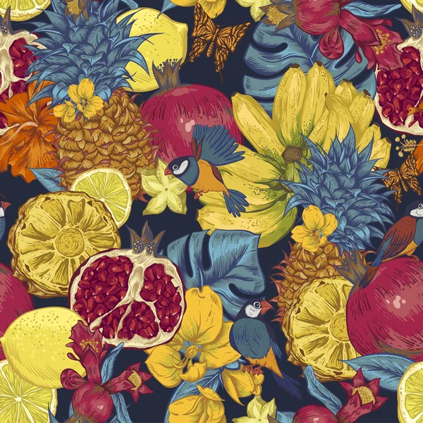 Vintage bezešvé pozadí, tropické ovoce, květiny, motýl a ptáci — Stockový vektor