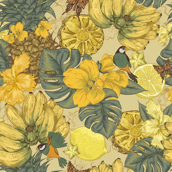 Винтажный бесшовный фон, тропические фрукты, цветы, бабочка и птицы — стоковый вектор
