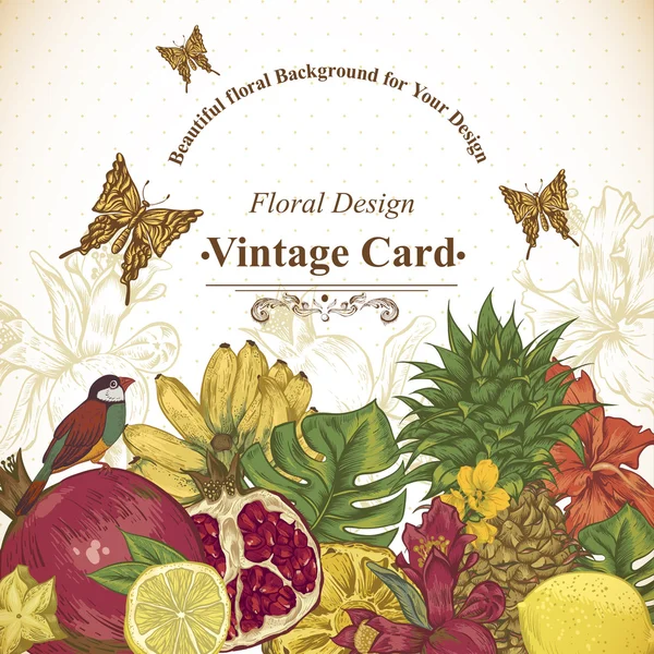 Cartão de felicitações vintage Frutas tropicais, flores, borboleta e pássaros —  Vetores de Stock