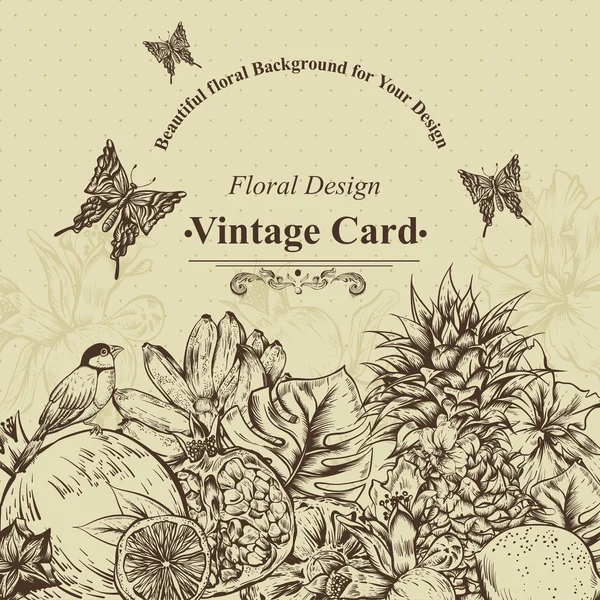 Vintage ευχετήρια κάρτα τροπικά φρούτα, λουλούδια, πεταλούδα και τα πουλιά — Διανυσματικό Αρχείο