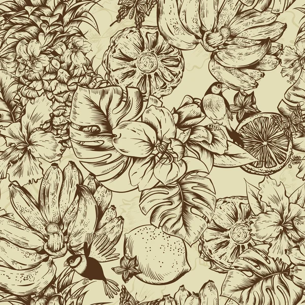 Винтажный монохромный бесшовный фон, тропические фрукты, цветы, бабочка и птицы — стоковый вектор