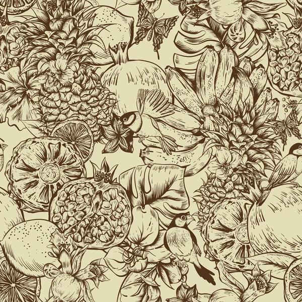 ビンテージ白黒シームレスな背景、トロピカル フルーツ、花、蝶、鳥 — ストックベクタ