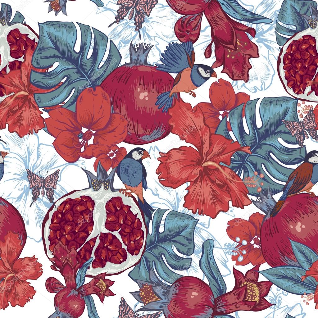Vintage Seamless Background, Tropical Fruit, Flowers, Butterfly and Birds