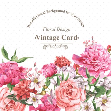Vintage Watercolor Greeting Card with Blooming Flowers. Roses, Wildflowers and Peonies clipart