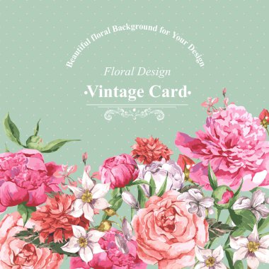 Çiçek açan çiçekler ile Vintage suluboya tebrik kartı. Gül, kır çiçekleri ve Peonies
