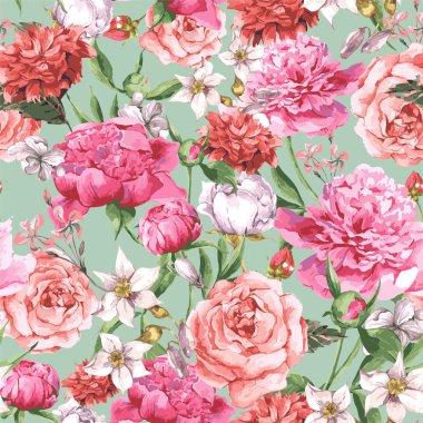 Yaz Dikişsiz suluboya desen pembe Peonies ve gül beyaz bir arka plan üzerinde