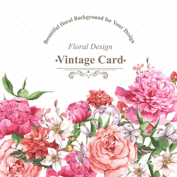 Vintage akvarell gratulationskort med blommor. Rosor, blommor och pioner — Stock vektor