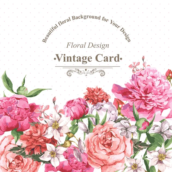 Carte de voeux aquarelle vintage avec fleurs en fleurs. Roses, fleurs sauvages et pivoines — Image vectorielle