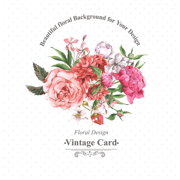 Çiçek açan çiçekler ile Vintage suluboya tebrik kartı. Gül, kır çiçekleri ve Peonies