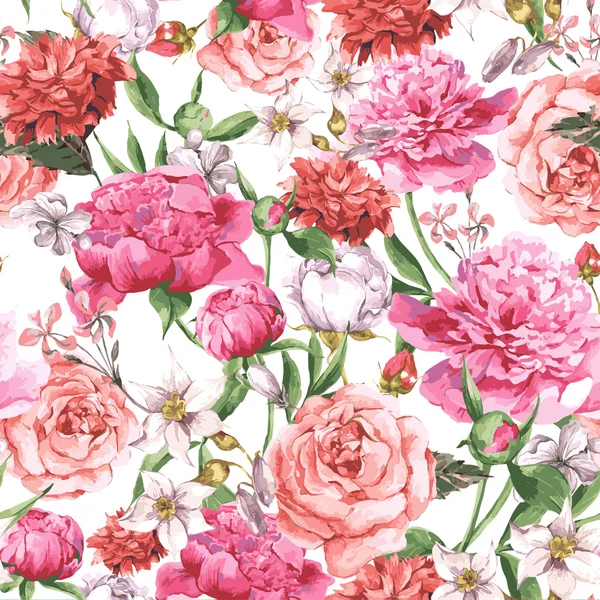Vzor bezešvé akvarel letní růžové pivoňky a růže na bílém pozadí — Stockový vektor