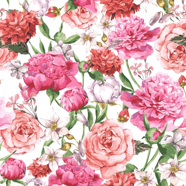 Modèle d'aquarelle sans couture d'été avec pivoines roses et roses sur un fond blanc — Image vectorielle