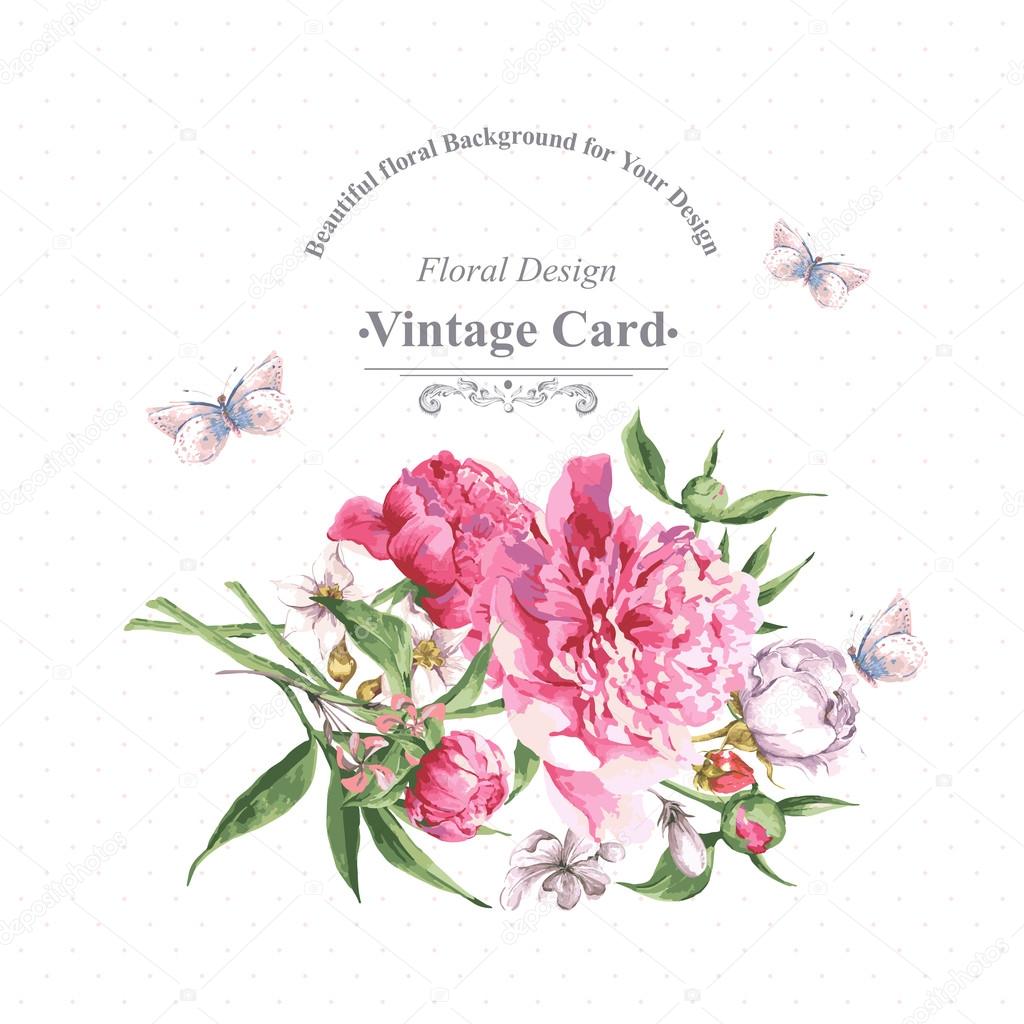 Vintage Watercolor Greeting Card with Blooming Flowers and Butterflies