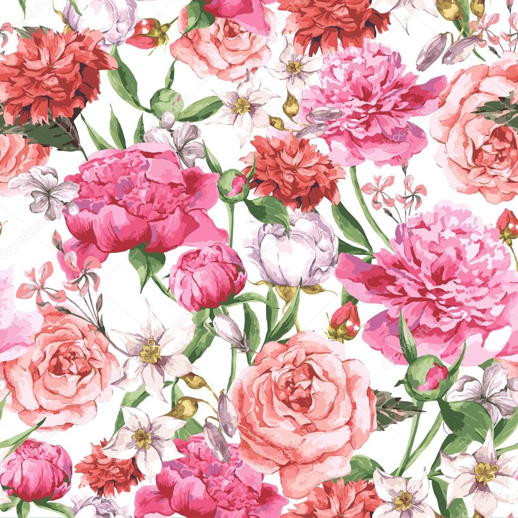 Summer Seamless  Watercolor Pattern with Pink Peonies and Roses on a White Background