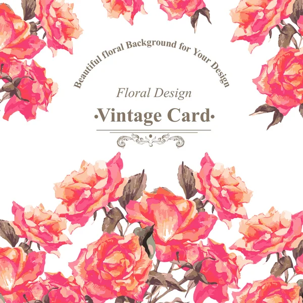 Cartão de saudação aquarela vintage com rosas vermelhas florescentes — Vetor de Stock