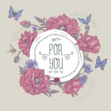 çiçek haşhaş ile yaz vintage tebrik kartı 