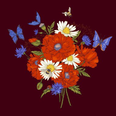 Yaz vintage çiçek buketi tebrik kartı kırmızı çiçeklenme ile haşhaş