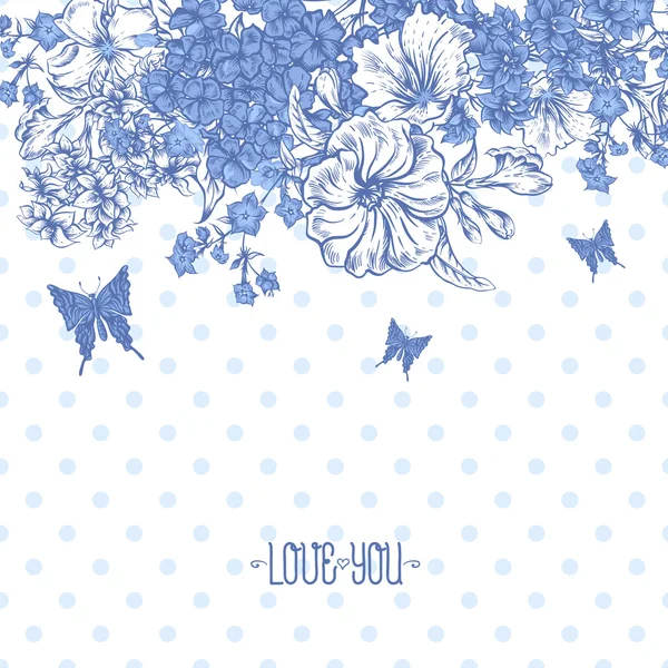 Μπλε άνοιξη και floral ανθοδέσμη καλοκαίρι για προσκλητήρια με πεταλούδες — Διανυσματικό Αρχείο