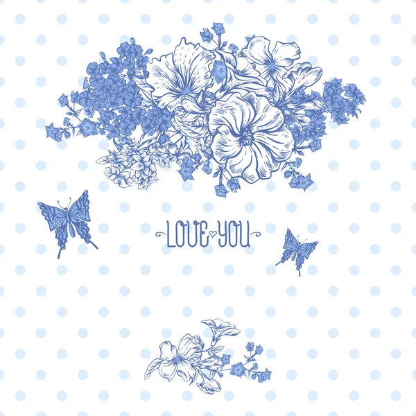 Blue Spring dan Summer Floral Bouquet for Invitation Cards with Butterflies - Stok Vektor