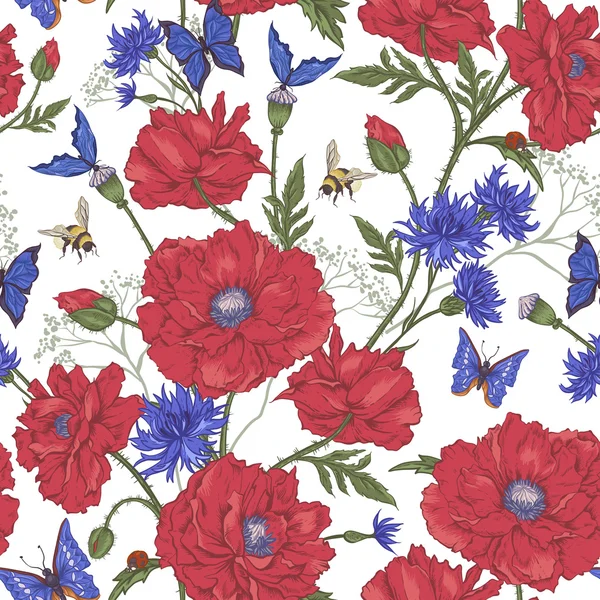 Zomer vintage naadloze bloemmotief met bloeiende rode papavers — Stockvector