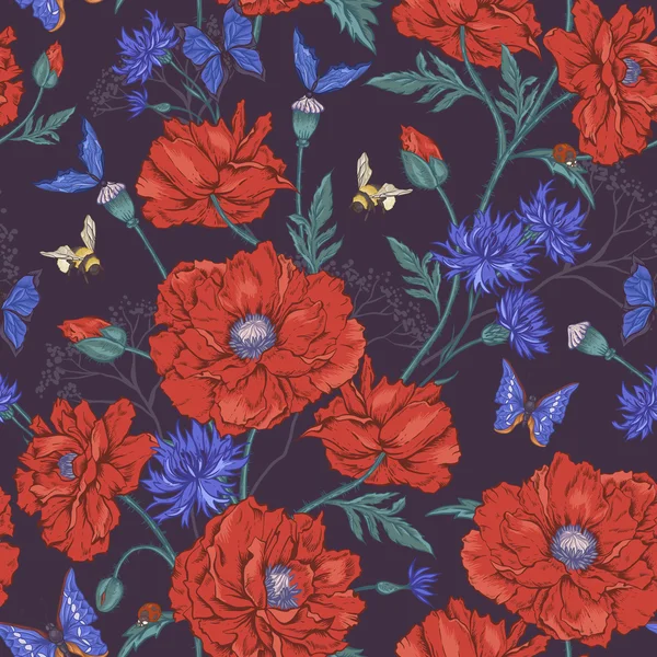 Yaz çiçeklenme ile vintage çiçek seamless modeli kırmızı haşhaş