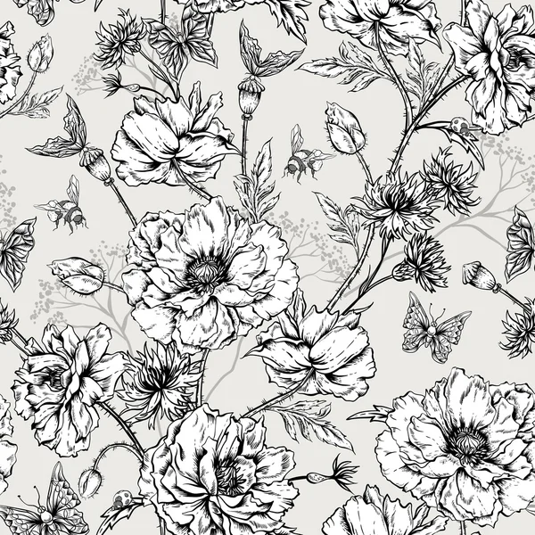 Sommer monochrom Vintage florales nahtloses Muster mit blühenden Mohnblumen — Stockvektor