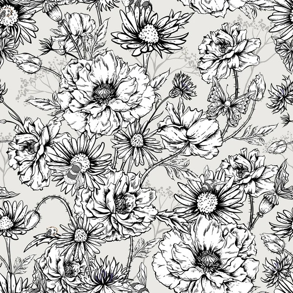 Monochrome Floral Seamless Pattern with Blooming Poppies — Stock Vector