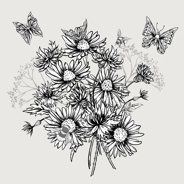Sommer monochrom Blumenstrauß Grußkarte mit blühender Kamille — Stockvektor
