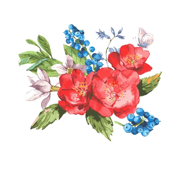 Tarjeta de felicitación de acuarela vintage con flores en flor . — Archivo Imágenes Vectoriales