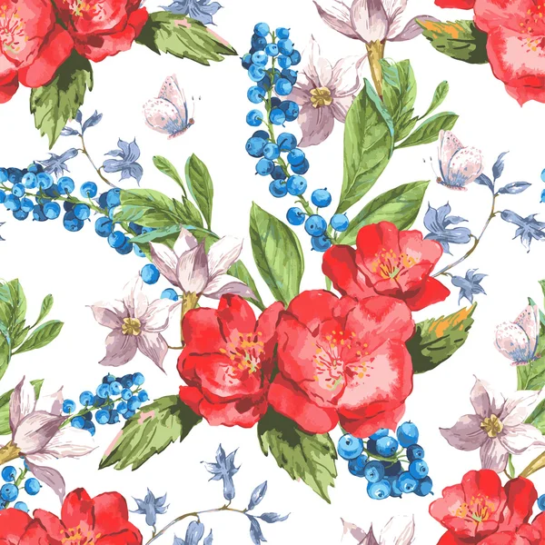Nahtloser Aquarell-Hintergrund mit blühenden roten Rosen und Blaubeeren — Stockvektor