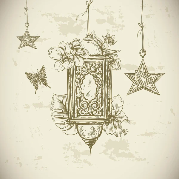Biglietto d'auguri tradizionale con lanterna araba, fiori e stelle — Vettoriale Stock