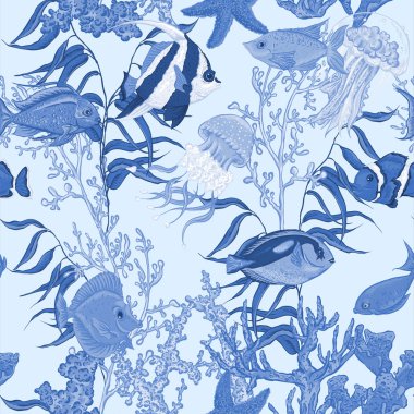 Blue sea life seamless background, underwater vector illustration