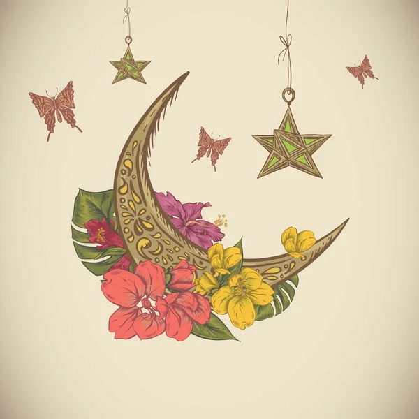 Traditional greeting card with arabic flowers, stars and moon, Ramadan Kareem hand drawn vector illustration — Stockový vektor