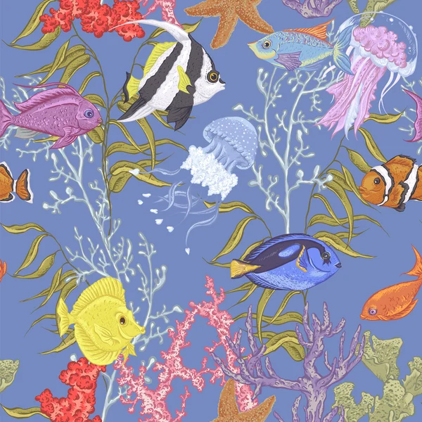 Blue sea life seamless background, underwater vector illustration — Stockvector