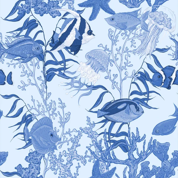 Blue sea life seamless background, underwater vector illustration — Stok Vektör