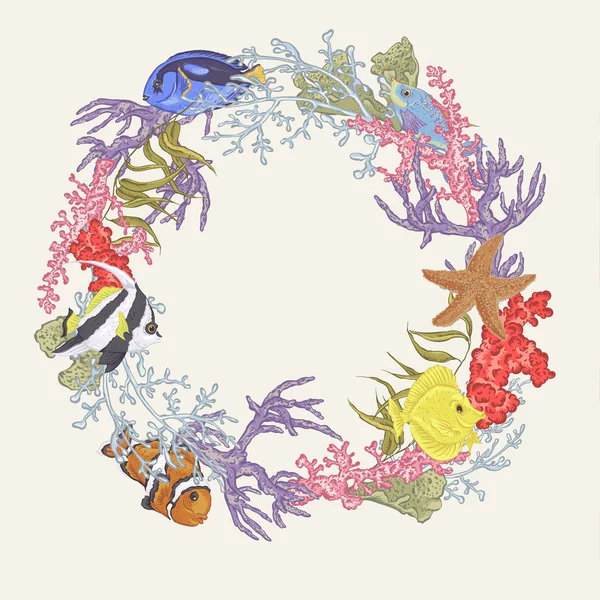 Sea life Vintage Round Frame with Fish and Seaweed — 스톡 벡터