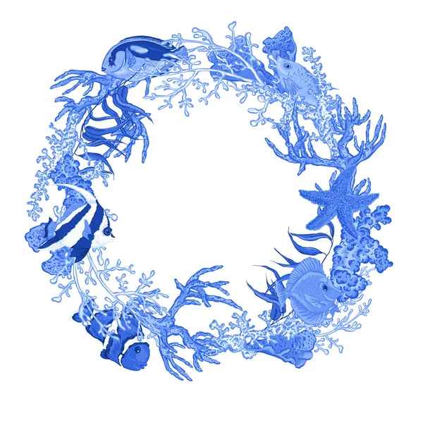 蓝海生活复古圆框架与鱼和海藻. — 图库矢量图片