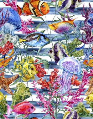 Watercolor sea life seamless pattern on a striped background, underwater watercolor illustration