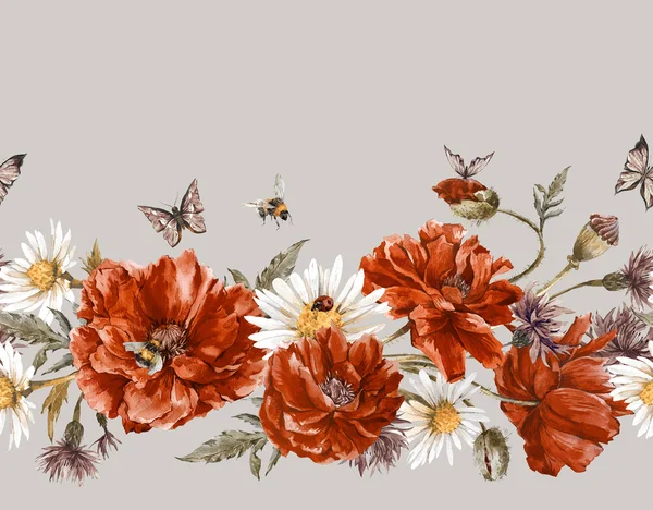 Летняя акварель Винтажная цветочная бесшовная граница с цветущими красными маками — стоковое фото